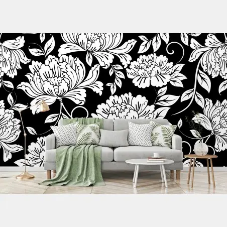Papier peint motif floral noir et blanc élégant – Wallnifity®
