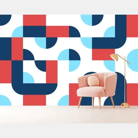 Papier peint motif géométrique moderne bleu et corail – Wallnifity®