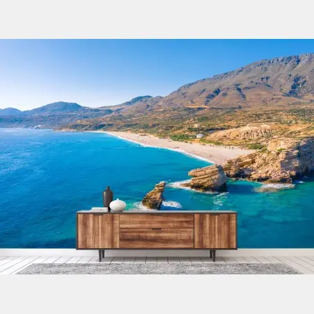 Papier peint paysage côtier aux eaux turquoises et falaises sculptées – Wallnifity®