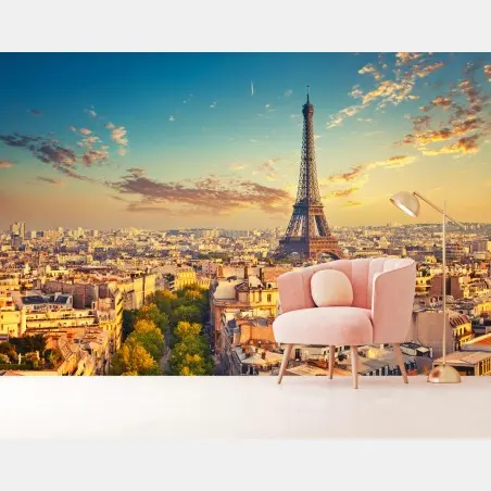 Papier peint vue panoramique de la Tour Eiffel au coucher de soleil, Paris – Wallnifity®