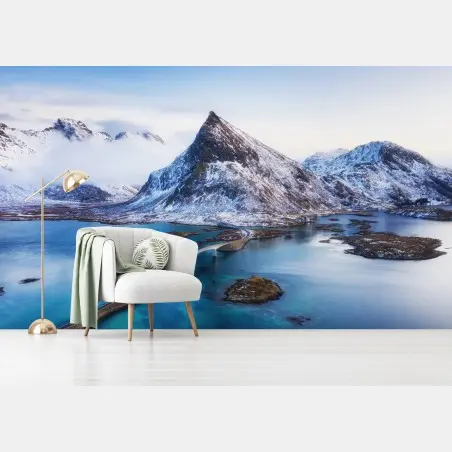 Papier peint paysage aérien des îles Lofoten au coucher du soleil – Wallnifity®