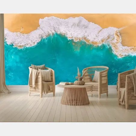 Papier peint vue aérienne de Kelingking, Nusa Penida : mer turquoise et plage dorée – Wallnifity®
