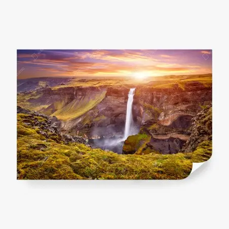 Papier peint cascade majestueuse de Haifoss en Islande au coucher de soleil – Wallnifity®