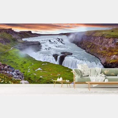 Papier peint panorama de Gullfoss au coucher de soleil – Wallnifity®