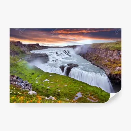 Papier peint panorama de Gullfoss au coucher de soleil – Wallnifity®