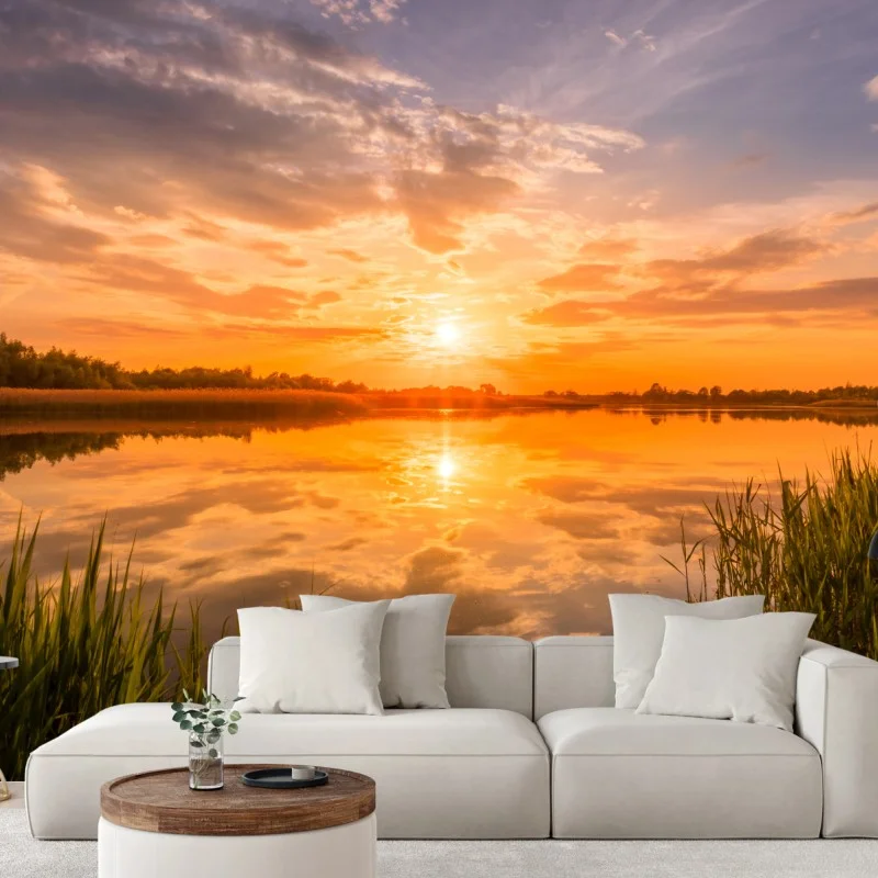 Papier peint coucher de soleil doré au-dessus du lac tranquille – Wallnifity® Papier peint coucher de soleil doré au-dessus du lac tranquille – Wallnifity®