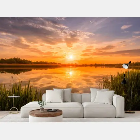 Papier peint coucher de soleil doré au-dessus du lac tranquille – Wallnifity®