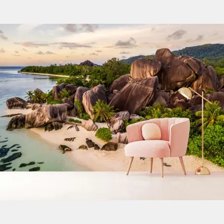 Papier peint paradis de sable blanc à Anse d'Argent, La Digue – Wallnifity®