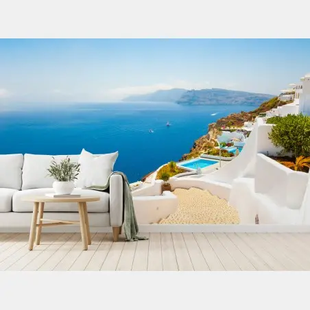 Papier peint escaliers blancs et mer azur à Santorin, Grèce – Wallnifity®
