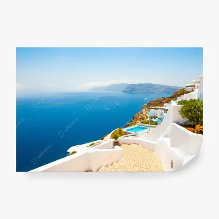 Papier peint escaliers blancs et mer azur à Santorin, Grèce – Wallnifity®
