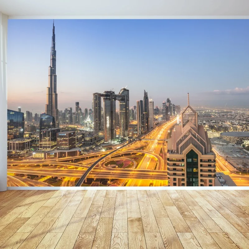 Papier peint panorama urbain de Dubaï au crépuscule – Wallnifity® Papier peint panorama urbain de Dubaï au crépuscule – Wallnifity®
