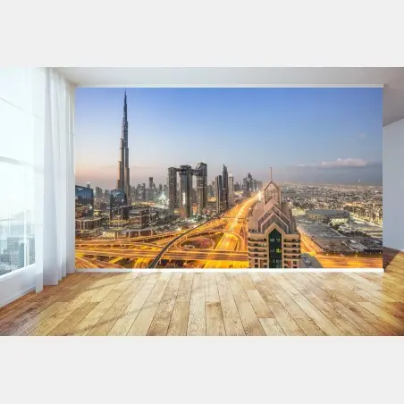 Papier peint panorama urbain de Dubaï au crépuscule – Wallnifity®