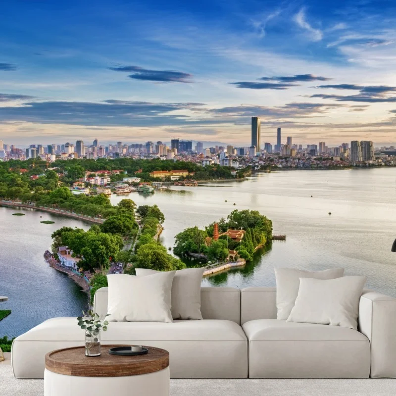 Papier peint paysage urbain au bord du lac au coucher de soleil – Wallnifity®
