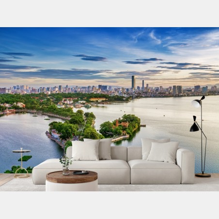 Papier peint paysage urbain au bord du lac au coucher de soleil – Wallnifity®
