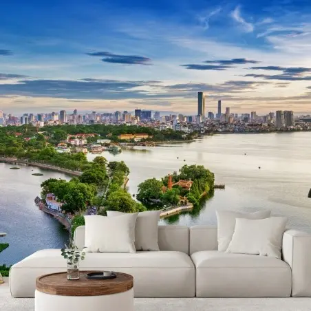 Papier peint paysage urbain au bord du lac au coucher de soleil – Wallnifity®