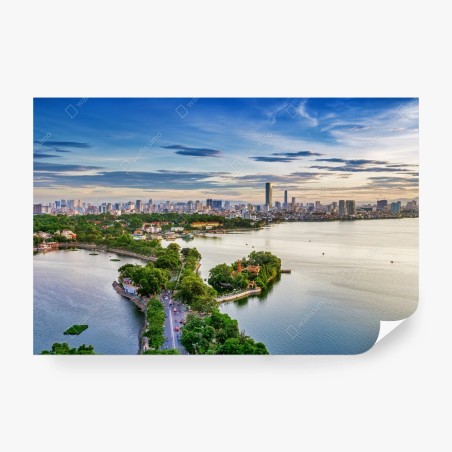 Papier peint paysage urbain au bord du lac au coucher de soleil – Wallnifity®