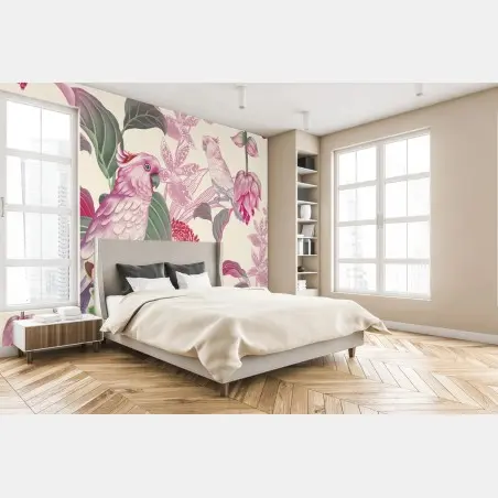 Papier peint motif tropical élégant aux oiseaux et fleurs roses – Wallnifity®