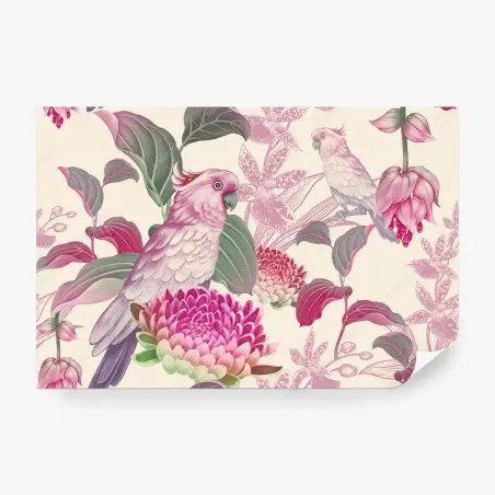 Papier peint motif tropical élégant aux oiseaux et fleurs roses – Wallnifity®