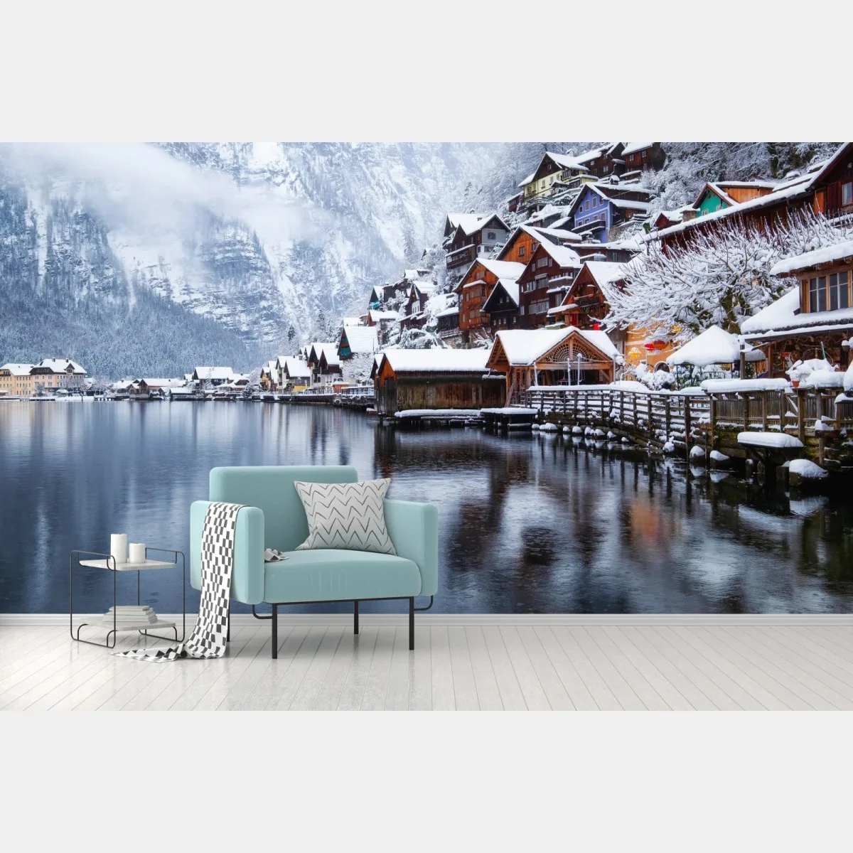 Papier peint panorama hivernal de Hallstatt au bord du lac – Wallnifity® Papier peint panorama hivernal de Hallstatt au bord du lac – Wallnifity®