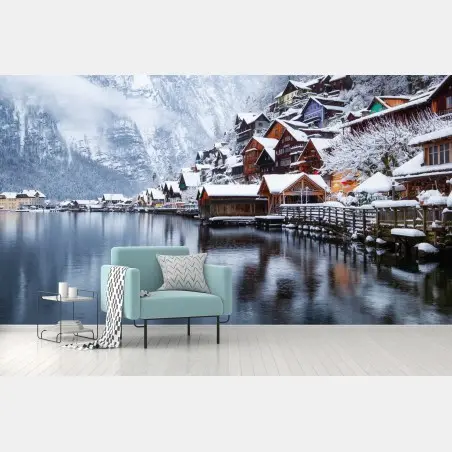 Papier peint panorama hivernal de Hallstatt au bord du lac – Wallnifity®