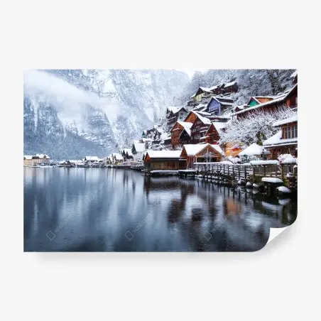 Papier peint panorama hivernal de Hallstatt au bord du lac – Wallnifity®
