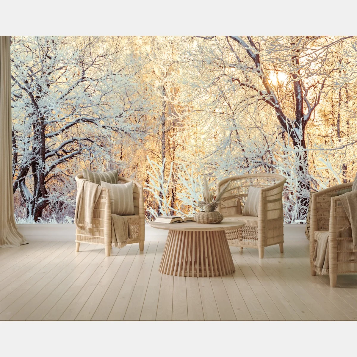 Papier peint forêt enneigée au soleil couchant – Wallnifity® Papier peint forêt enneigée au soleil couchant – Wallnifity®