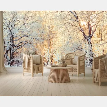 Papier peint forêt enneigée au soleil couchant – Wallnifity®