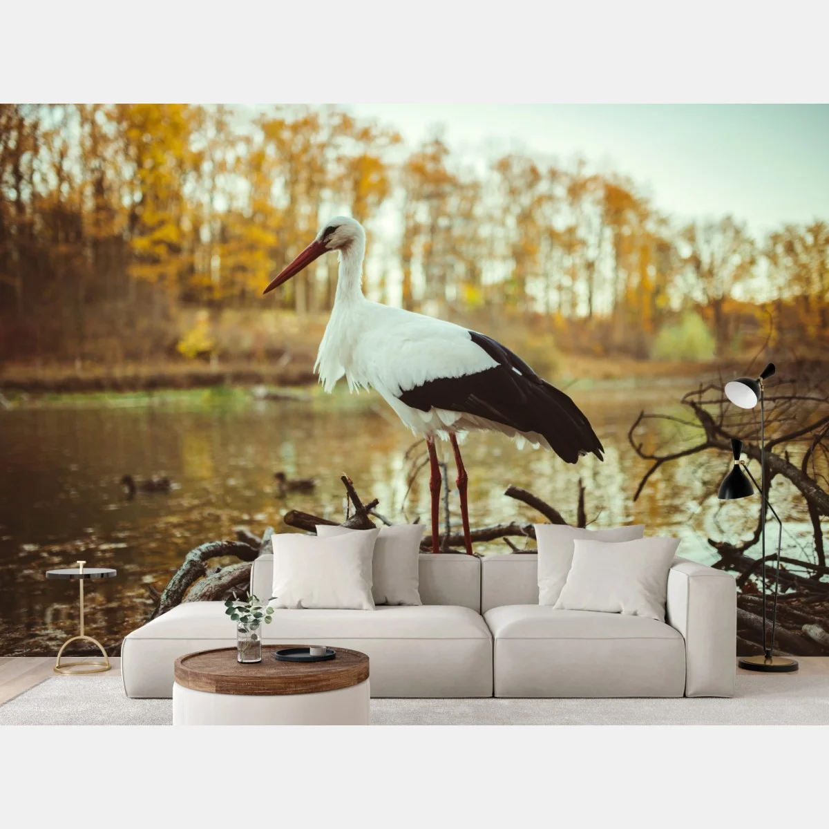 Papier peint cigogne solitaire au bord du lac en automne – Wallnifity® Papier peint cigogne solitaire au bord du lac en automne – Wallnifity®