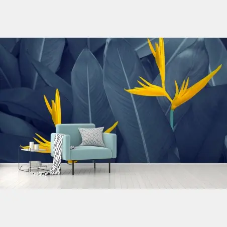 Papier peint composition botanique oiseau de paradis sur feuillage bleu – Wallnifity®
