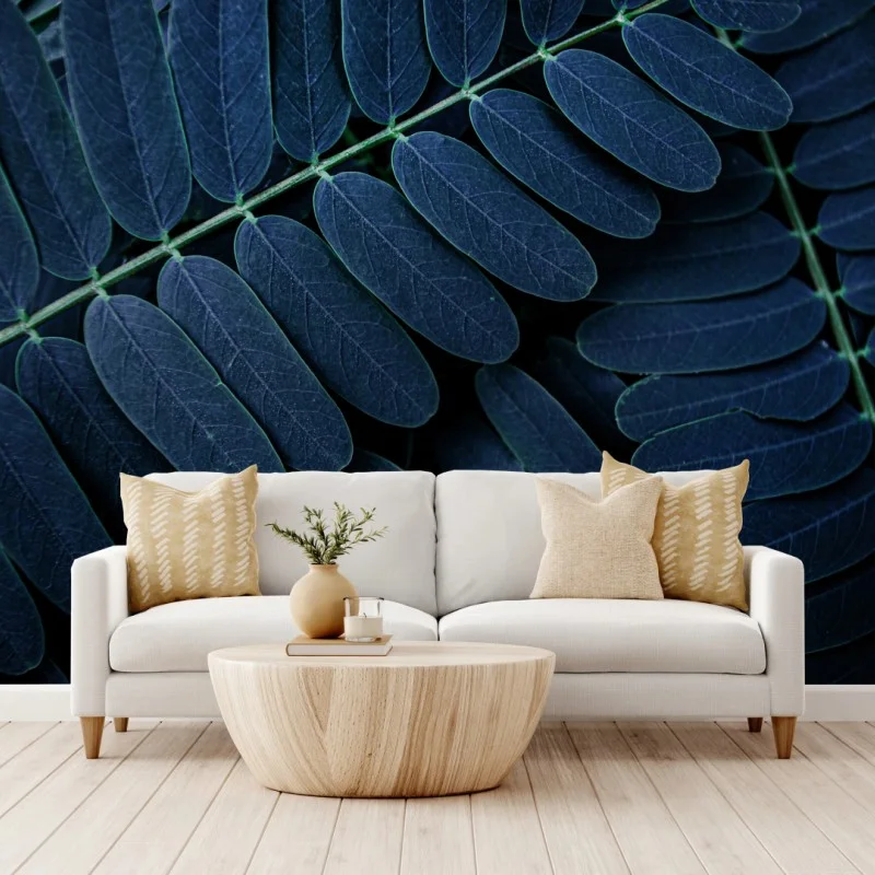 Papier peint feuillage bleu profond en motif artistique