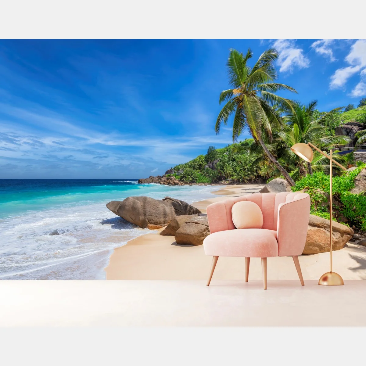 Papier peint plage paradisiaque aux palmiers et rochers granitiques – Wallnifity® Papier peint plage paradisiaque aux palmiers et rochers granitiques – Wallnifity®