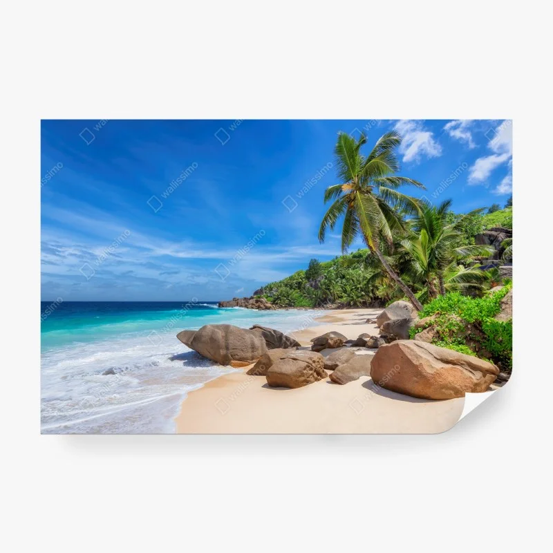 Papier peint plage paradisiaque aux palmiers et rochers granitiques – Wallnifity® Papier peint plage paradisiaque aux palmiers et rochers granitiques – Wallnifity®