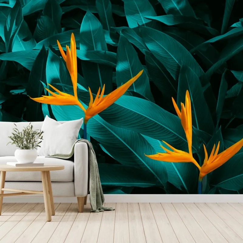 Papier peint oiseaux de paradis sur feuillage turquoise – Wallnifity® Papier peint oiseaux de paradis sur feuillage turquoise – Wallnifity®