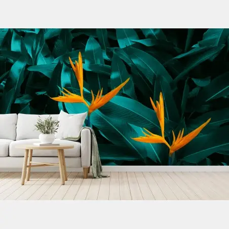 Papier peint oiseaux de paradis sur feuillage turquoise – Wallnifity®