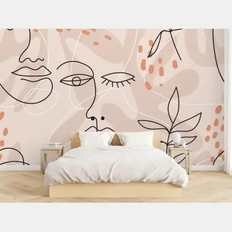 Papier peint visages en tracé continu sur fond pastel – Wallnifity®