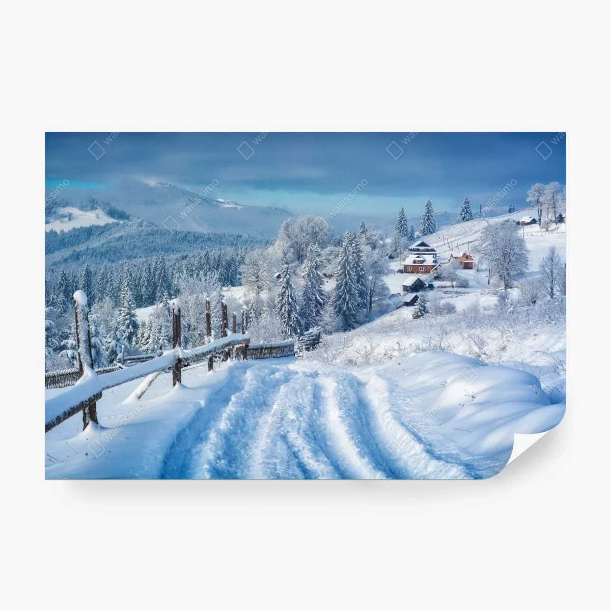 Papier peint chemin vers village alpin enneigé – Wallnifity® Papier peint chemin vers village alpin enneigé – Wallnifity®
