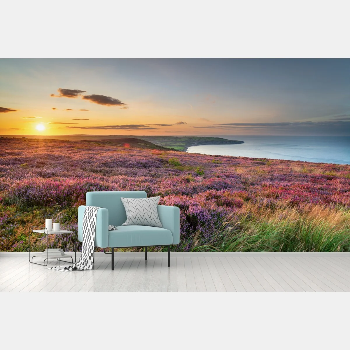 Papier peint coucher de soleil sur la bruyère des North York Moors, vue sur Robin Hood's Bay – Wallnifity® Papier peint coucher de soleil sur la bruyère des North York Moors, vue sur Robin Hood's Bay – Wallnifity®