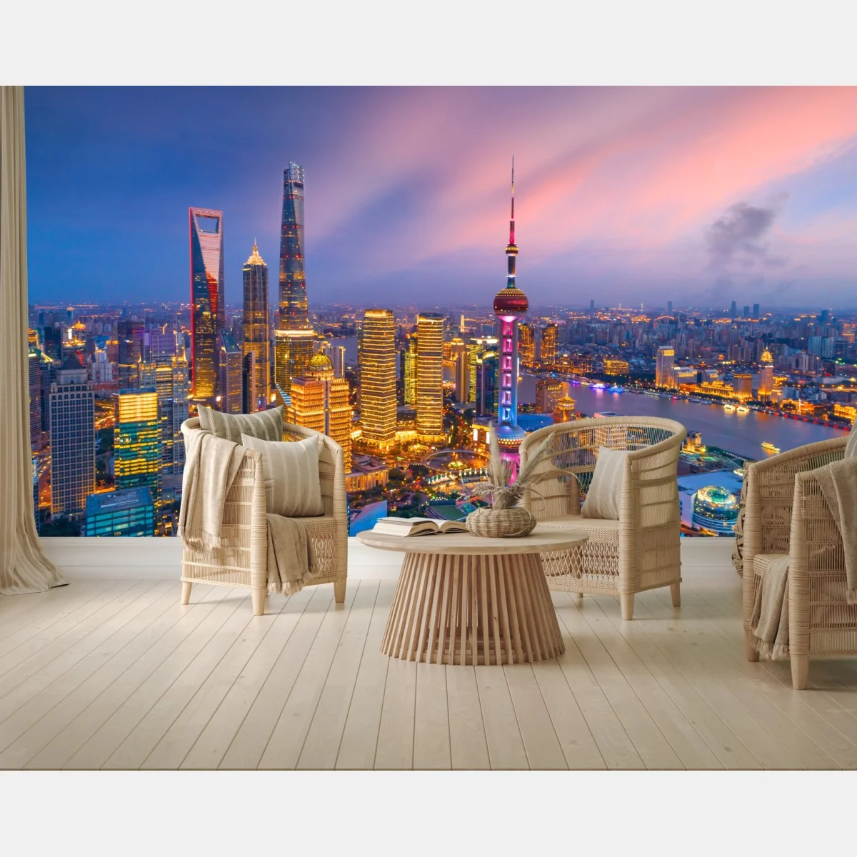 Papier peint panorama nocturne de Shanghai au crépuscule – Wallnifity® Papier peint panorama nocturne de Shanghai au crépuscule – Wallnifity®