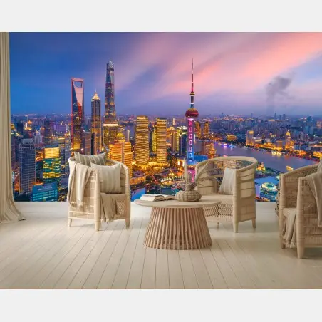 Papier peint panorama nocturne de Shanghai au crépuscule – Wallnifity®