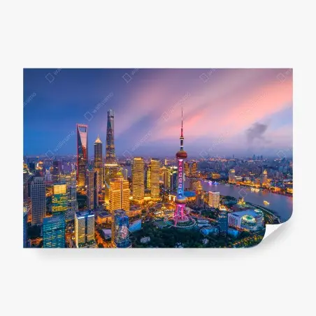 Papier peint panorama nocturne de Shanghai au crépuscule – Wallnifity®