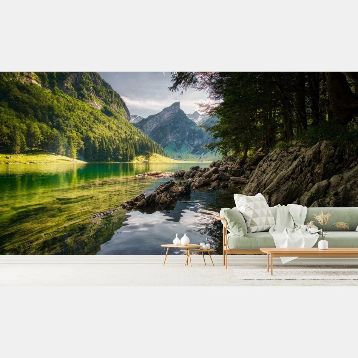 Papier peint lac alpin émeraude au pied des montagnes – Wallnifity® Papier peint lac alpin émeraude au pied des montagnes – Wallnifity®