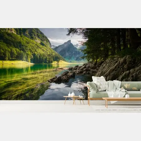 Papier peint lac alpin émeraude au pied des montagnes – Wallnifity®