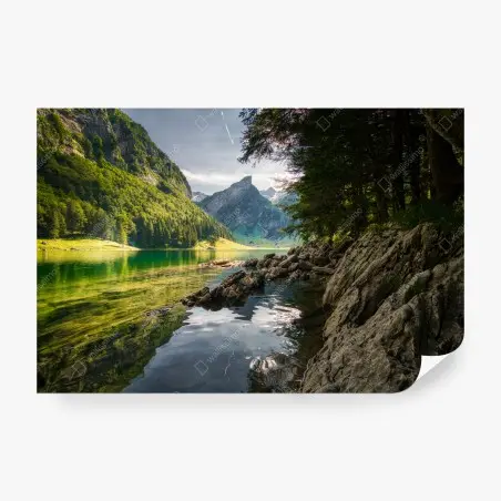 Papier peint lac alpin émeraude au pied des montagnes – Wallnifity®