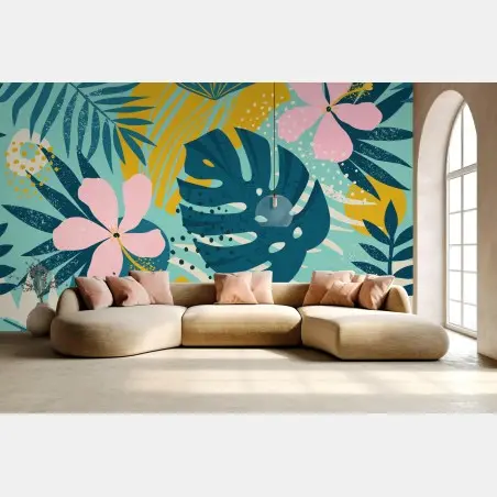 Papier peint paradis tropical fleuri aux teintes vives – Wallnifity®