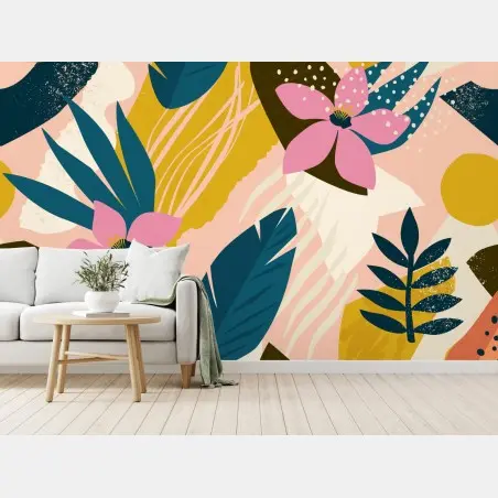 Papier peint jardin tropical abstrait aux fleurs roses – Wallnifity®
