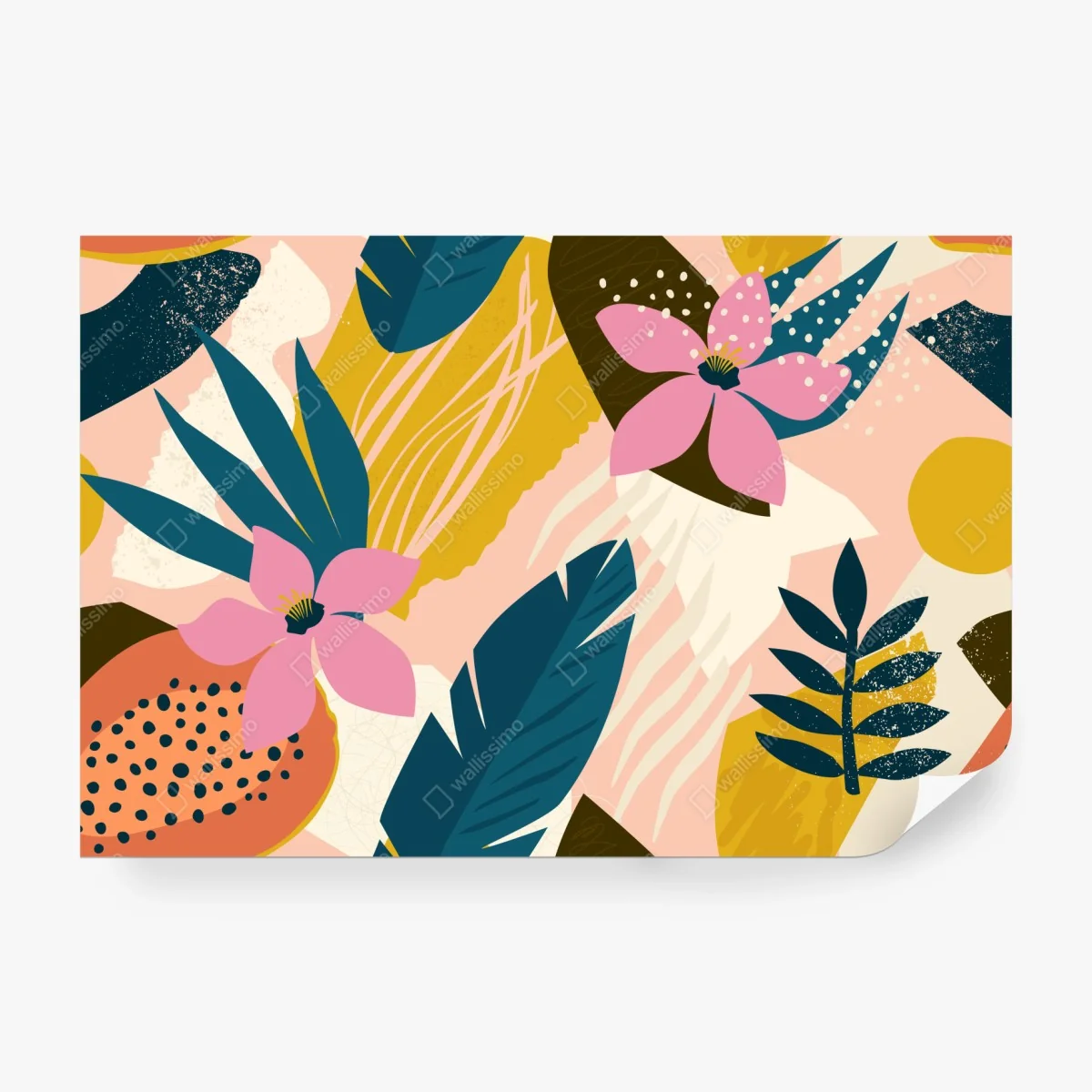Papier peint jardin tropical abstrait aux fleurs roses – Wallnifity®