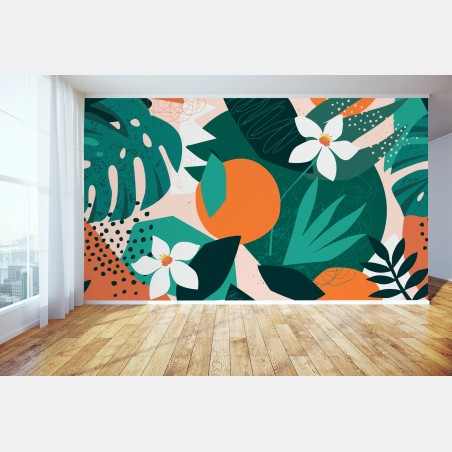 Papier peint composition botanique tropicale aux agrumes – Wallnifity®