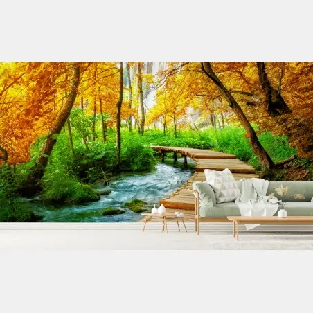 Papier peint chemin en bois au bord des lacs de Plitvice en automne – Wallnifity®