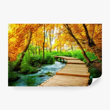 Papier peint chemin en bois au bord des lacs de Plitvice en automne – Wallnifity®