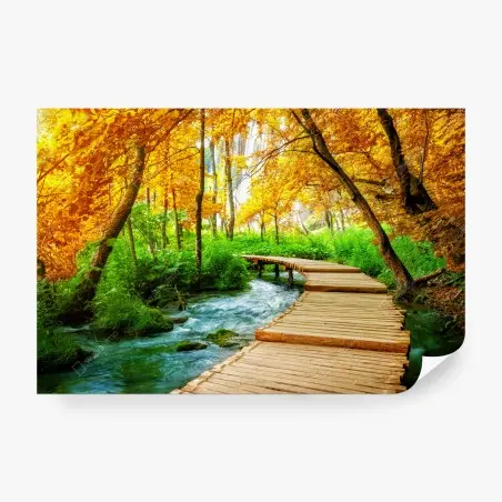 Papier peint chemin en bois au bord des lacs de Plitvice en automne – Wallnifity®